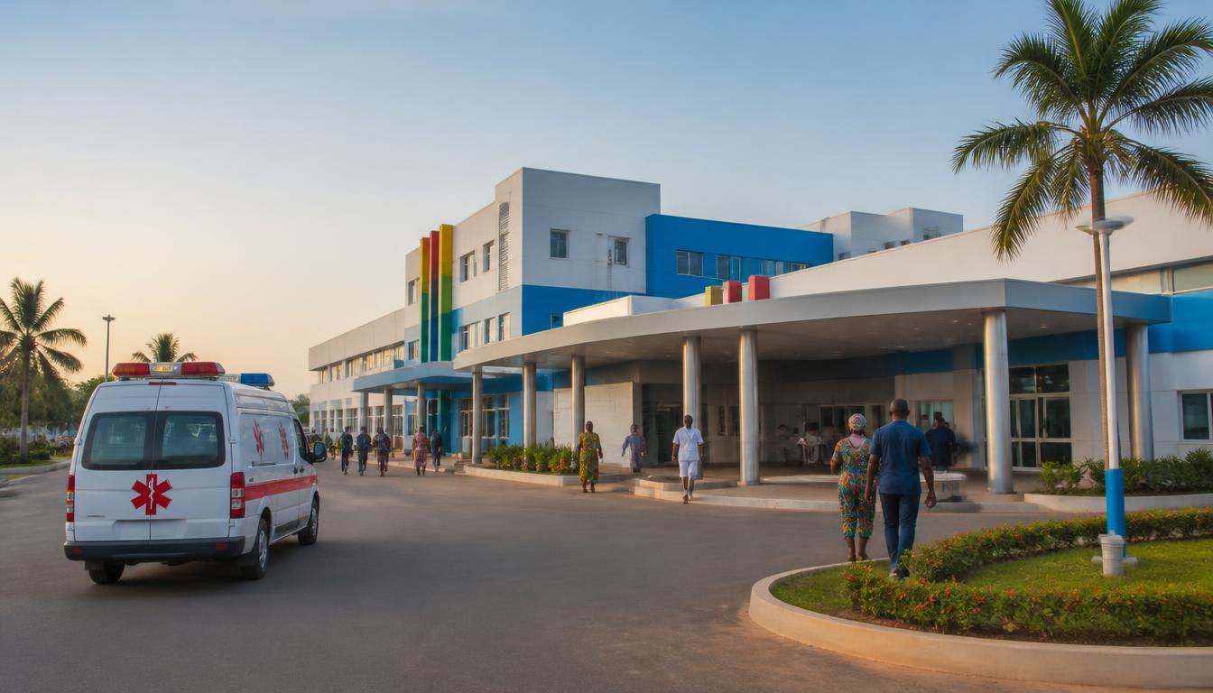 Entrée d'un hôpital public au Togo, à la lumière dorée du soir
